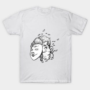 Woman with mask of expression deception. T-Shirt